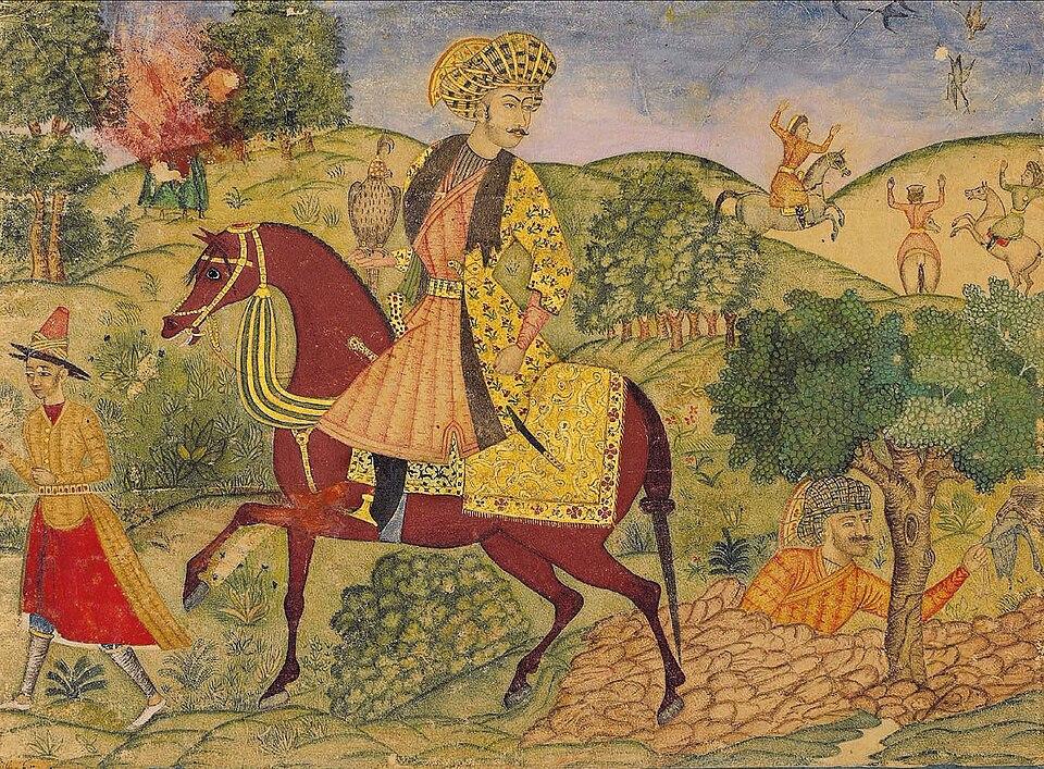 A NOBLE OUT HAWKING  SCHOOL OF SHAYKH 'ABBASI, SAFAVID ISFAHAN, THIRD QUARTER 17TH CENTURY 