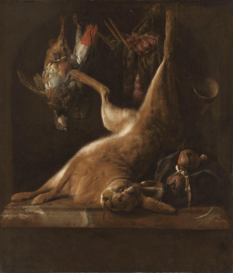 Jan Weenix  (1639/1643–1719) - A dead hare and partridge with hawking equiptment on a ledge