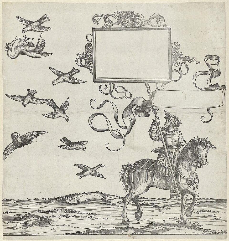 Hunting falcons and falconer on horseback as standard bearer Triumphs of Emperor Maximilian I (series title), RP-P-OB-4369