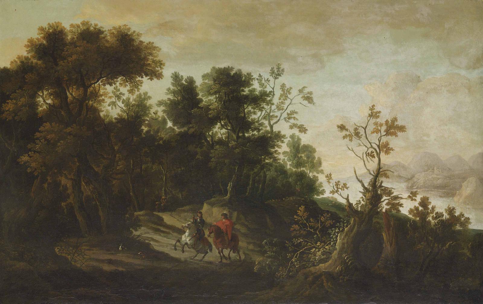 A hawking party in a wooded landscape, with a river, mountains and a ruin beyond by Circle of Jan Wy