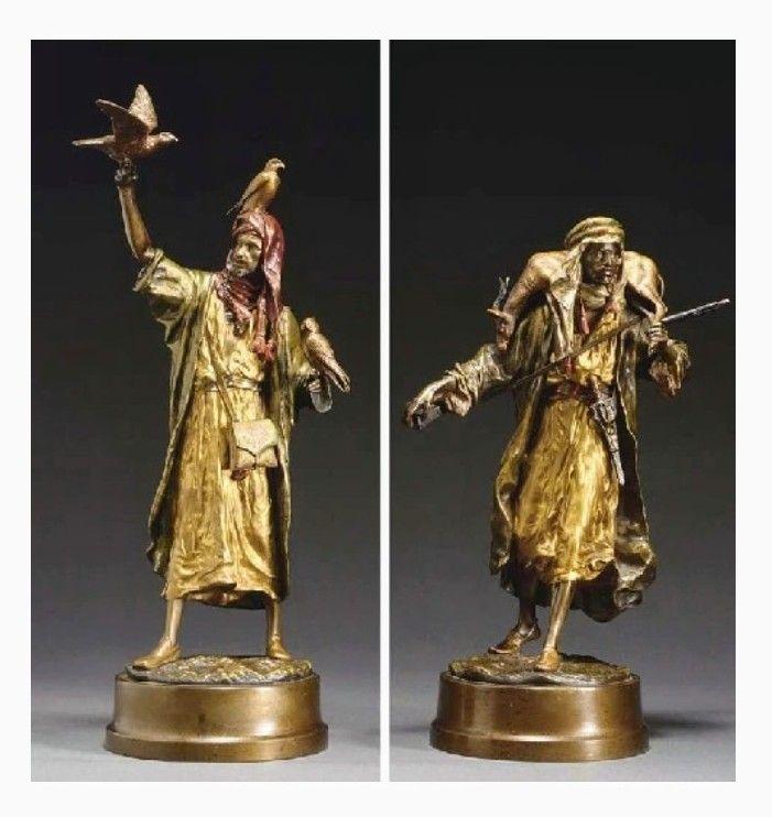 The Falconer ; The Return from the Hunt. Austrian School, 20th Century. Bronze with brown patina and