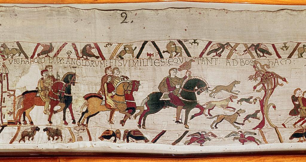 Harold is sent with his men to Normandy by Edward the Confessor, Bayeux Tapestry (wool embroidery on