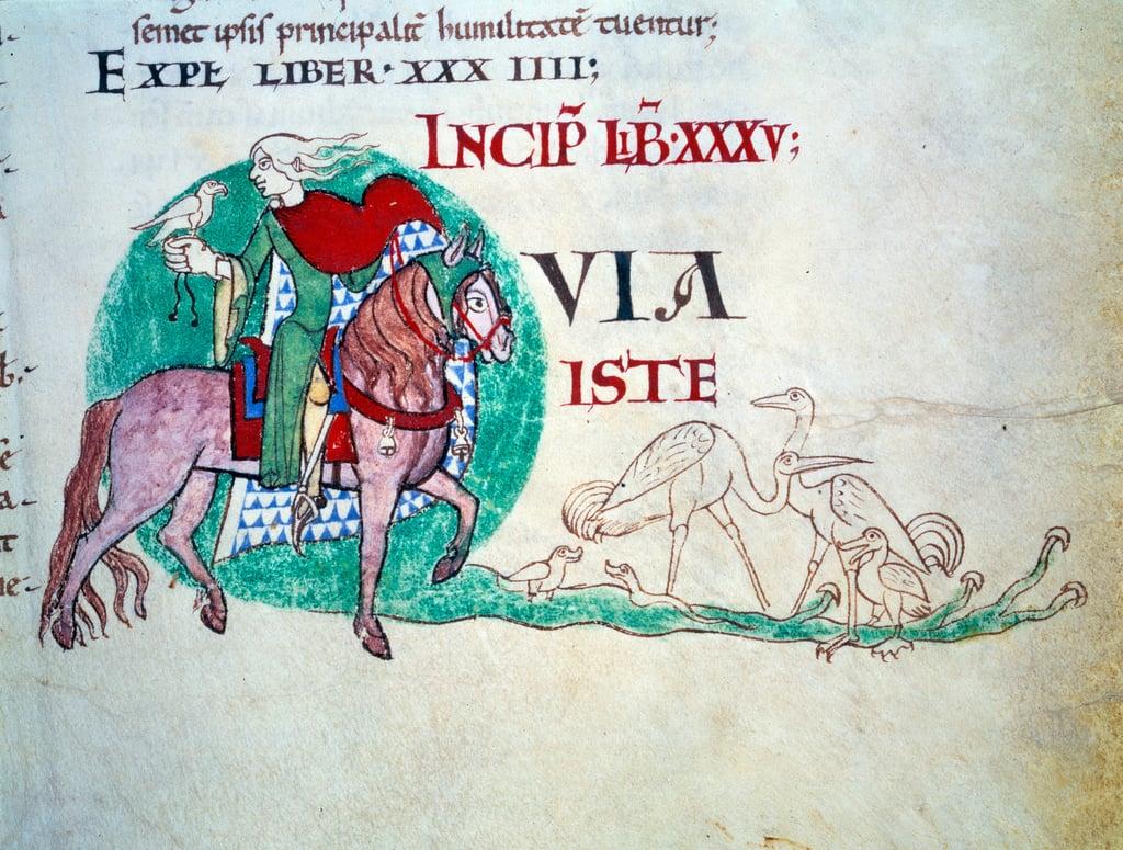 Lord has the falcon hunt. Miniature of the Middle Ages. Manuscript “Moralia in Job”” from Citeaux Ab