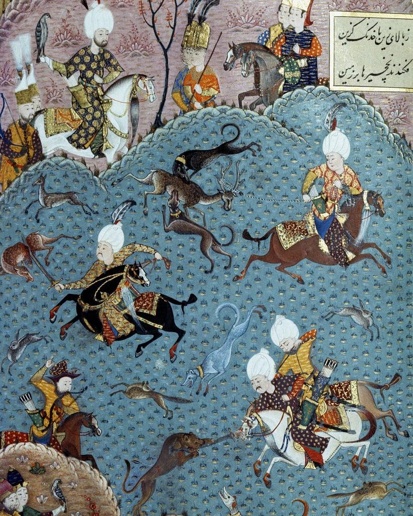 Hunting scene in the presence of Sultan Murad II (Murat) (1404-1451) Miniature of the 17th century. 