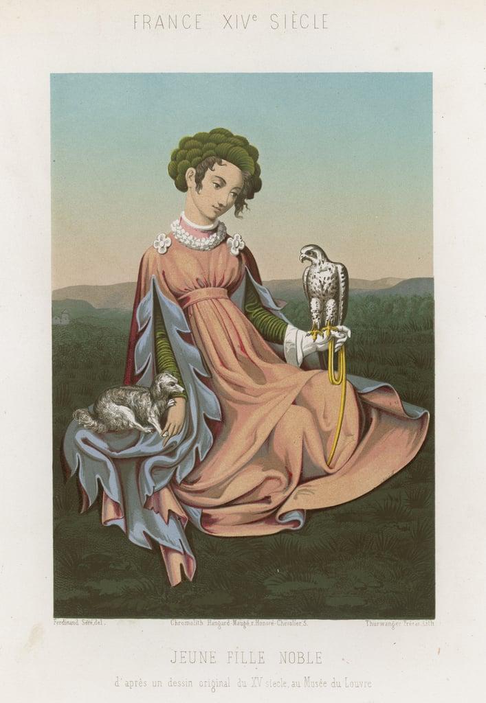 Noble girl sitting with a falcon on her arm 