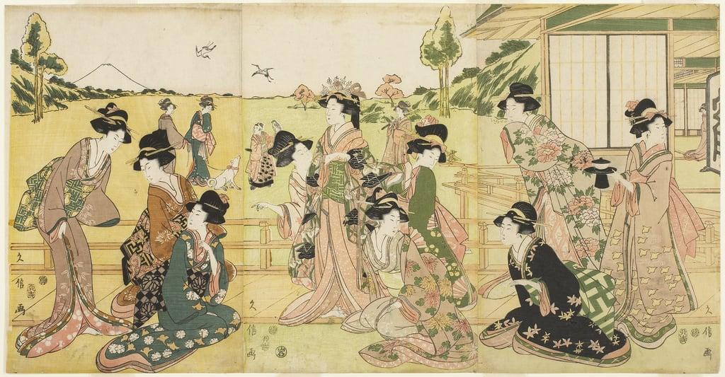 Hawking Party, 1807 (colour woodblock print) by Hyakusai Hisanobu 