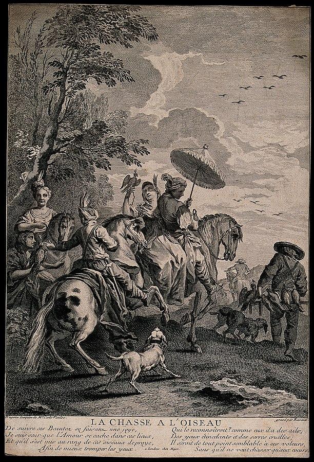 A party of men and women are riding with falcons on their wr Wellcome V0040502
