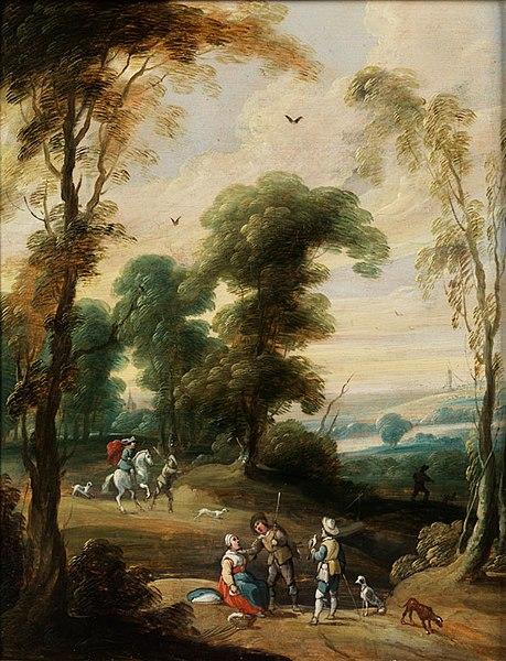 Forest with a hunters on horseback and falconers on a path by Pieter Meulener (1602-1654)